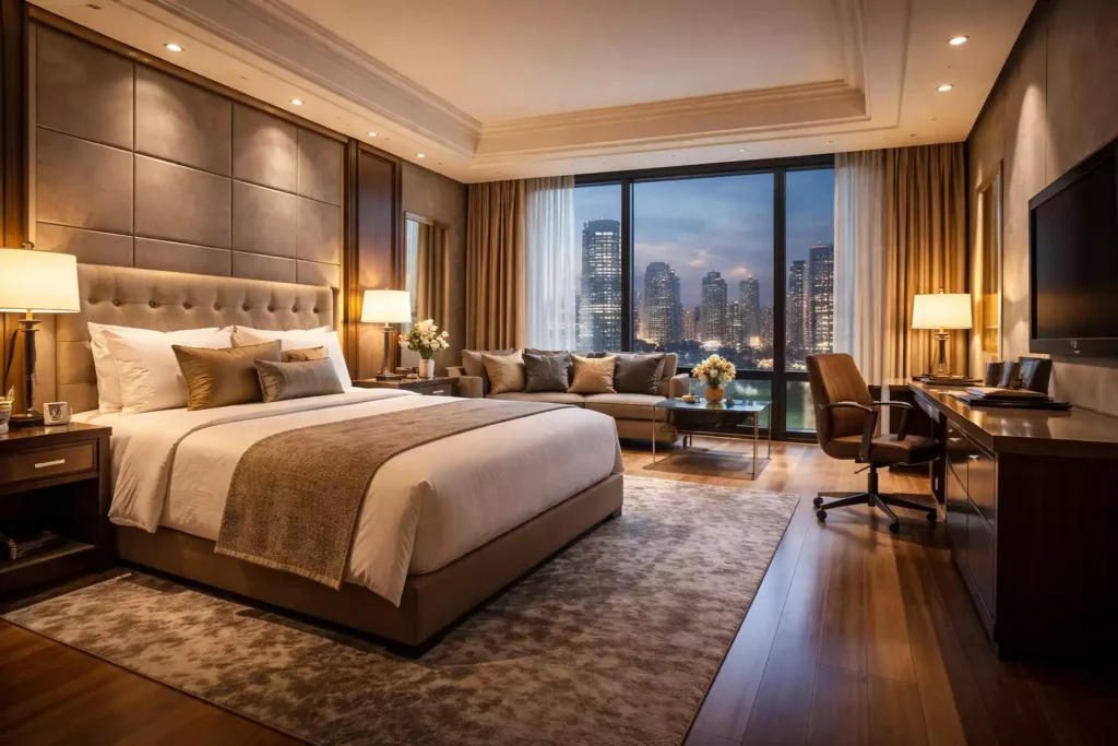 hotel guest room FF&E furniture layout bed desk lighting example