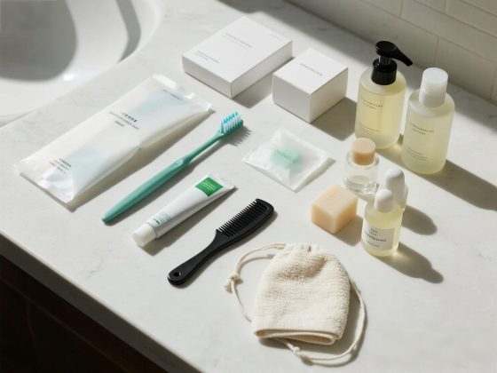 jimeng-2025-07-14-2916-图片描述： 白色台面上整齐摆放着一次性用品套装：牙刷、牙膏、梳子、剃须套装、香皂...