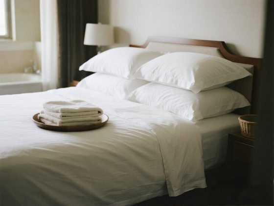 jimeng-2025-07-14-9613-图片描述： 整洁铺好的酒店大床，白色床单、被套和枕头，旁边折叠好的浴巾、毛巾堆叠...